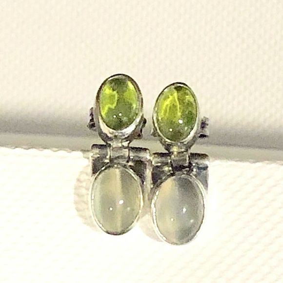 Vintage Peridot Moonstone Sterling Silver Drop Earrings - Picture 3 of 5